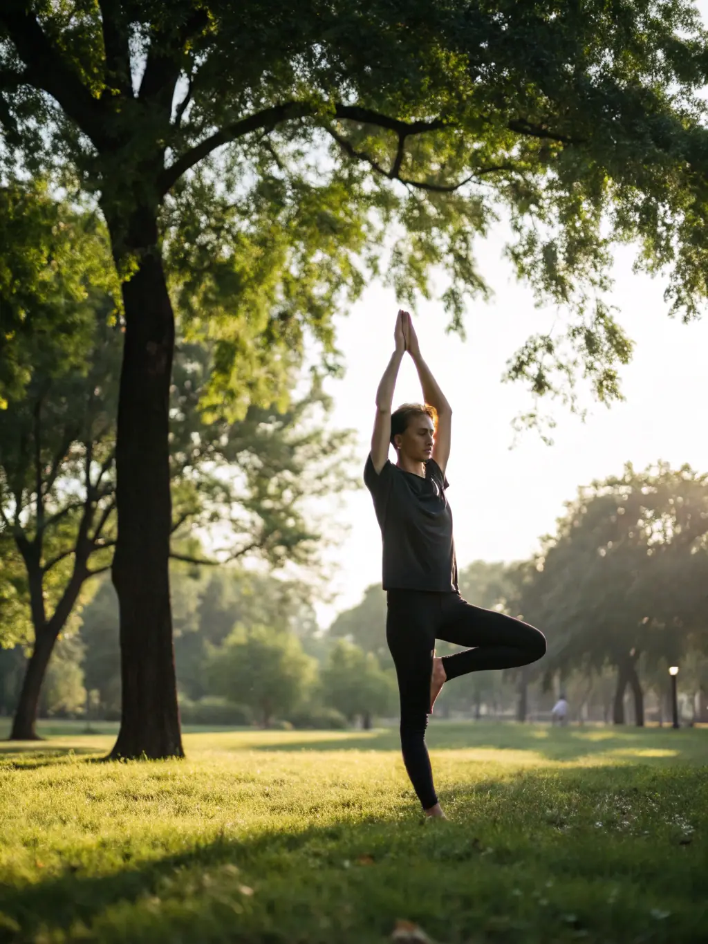 A serene image depicting a person in a yoga pose, bathed in soft, natural light, symbolizing the calming and energizing effects of yoga practices taught in the workshop.