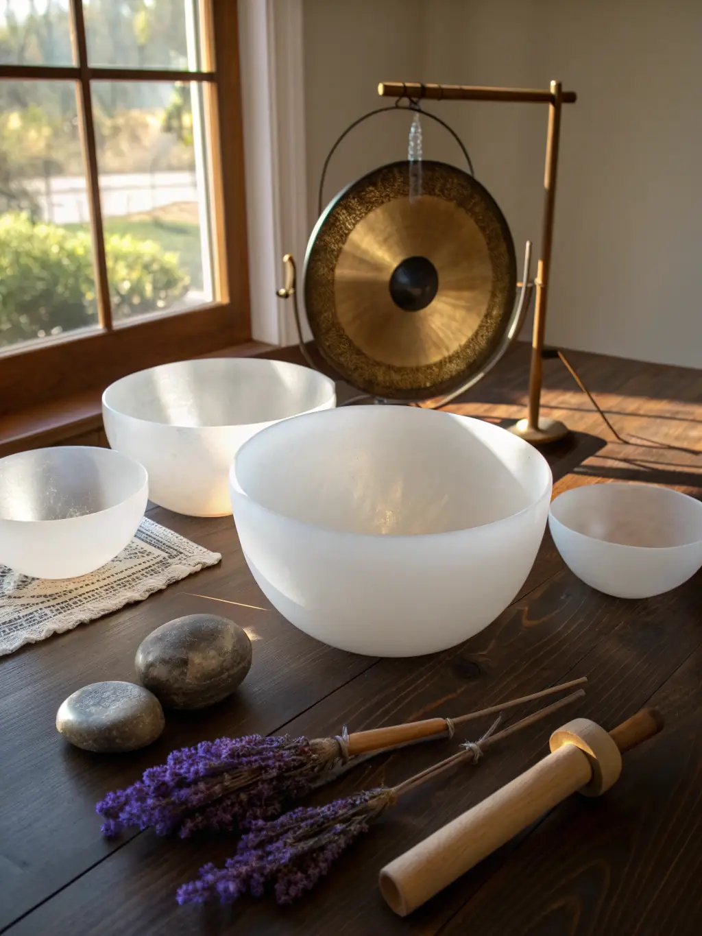 A visually calming image of sound bowls and musical instruments, set against a backdrop of soft, diffused light, representing the therapeutic power of music and sound.